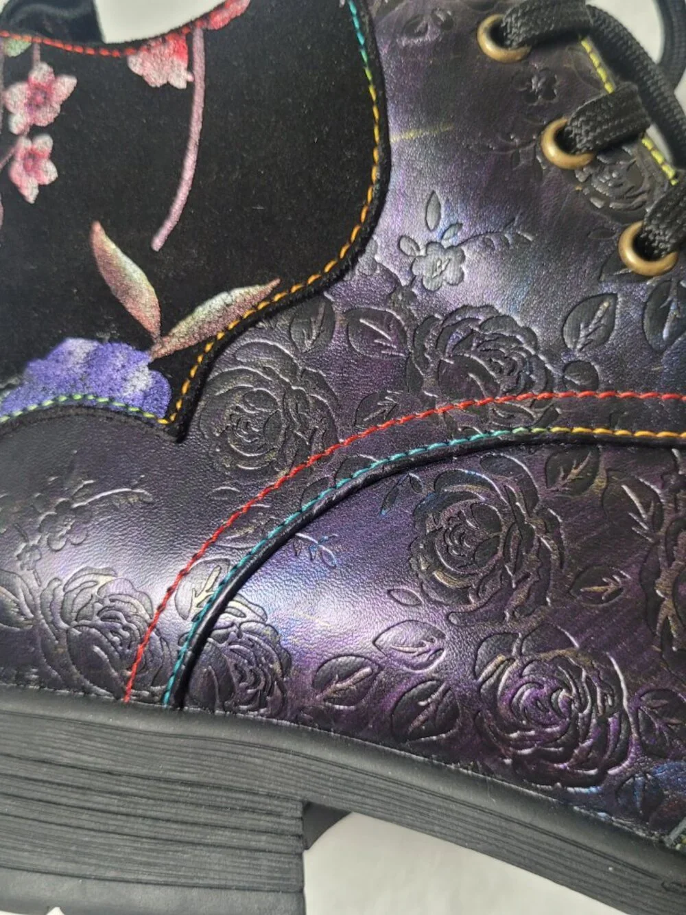 Floral Embossed Lace Up Ankle Boots Women’s Boho Combat Boot Side Zip Artsy Chic